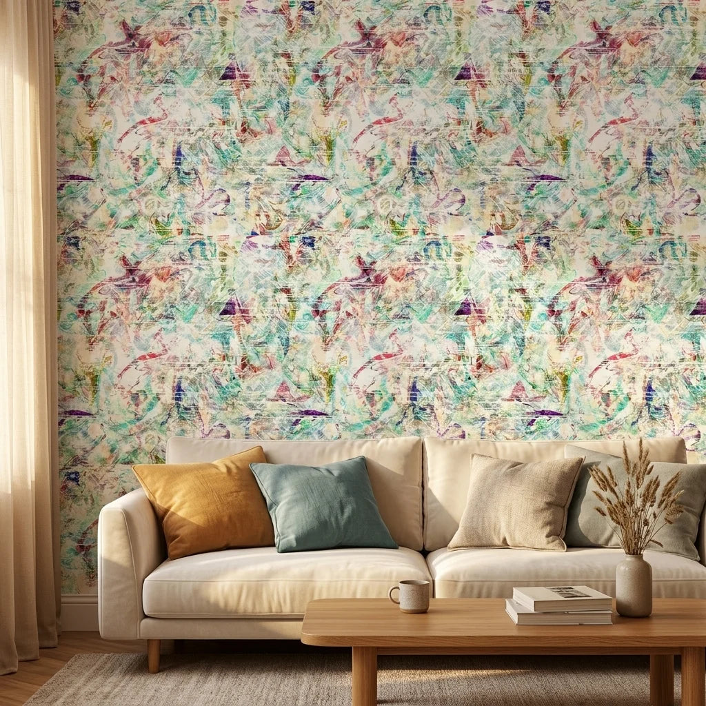 Painted Current colorful abstract wallpaper in a warm and inviting living room