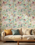 Painted Current colorful abstract wallpaper in a warm and inviting living room