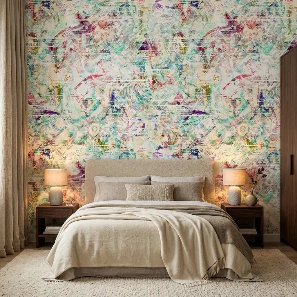Painted Current colorful abstract wallpaper adding character to a cozy bedroom