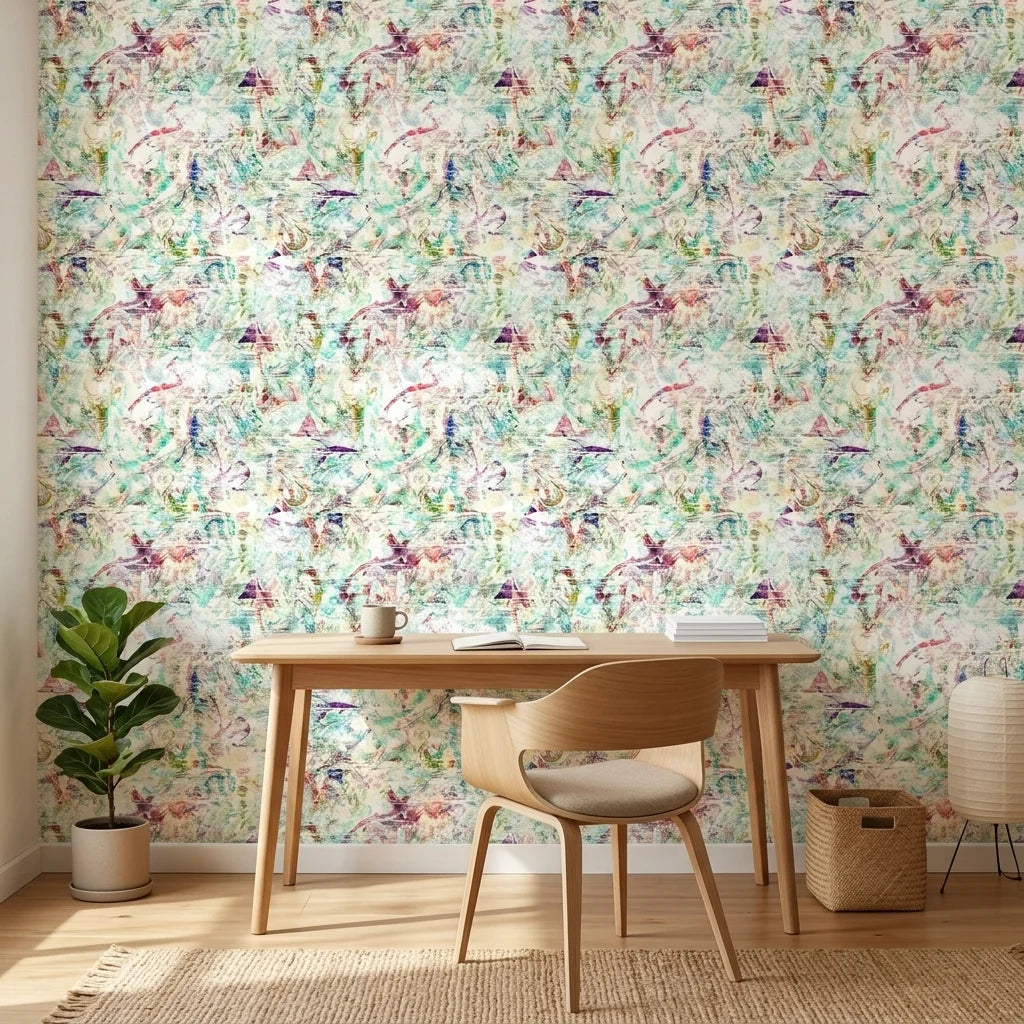 Painted Current colorful abstract wallpaper as a feature wall in a bright home office