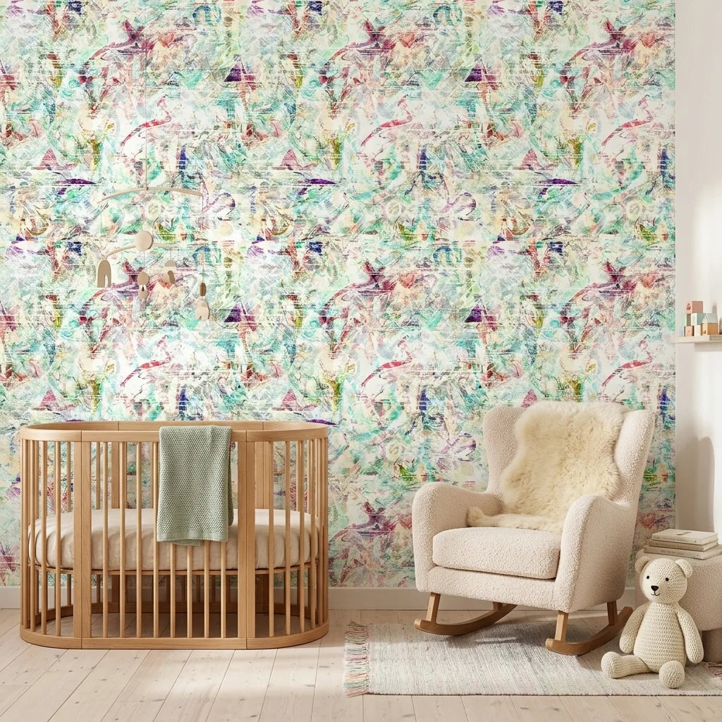 Painted Current colorful abstract wallpaper creating ambiance in a serene bathroom