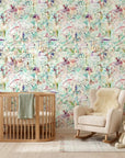 Painted Current colorful abstract wallpaper creating ambiance in a serene bathroom