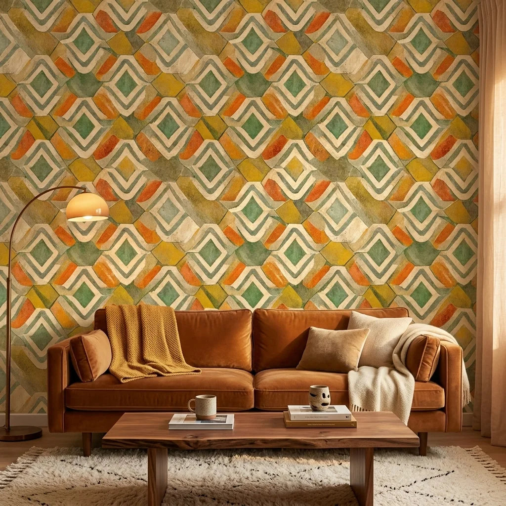 Painted Earth warm terracotta and green tribal wallpaper creating ambiance in a serene bathroom
