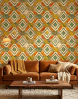 Painted Earth warm terracotta and green tribal wallpaper creating ambiance in a serene bathroom