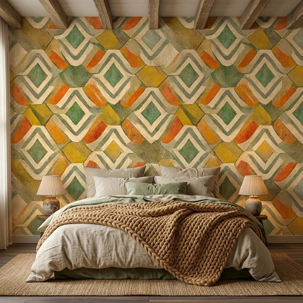 Painted Earth warm terracotta and green tribal wallpaper in a warm and inviting living room