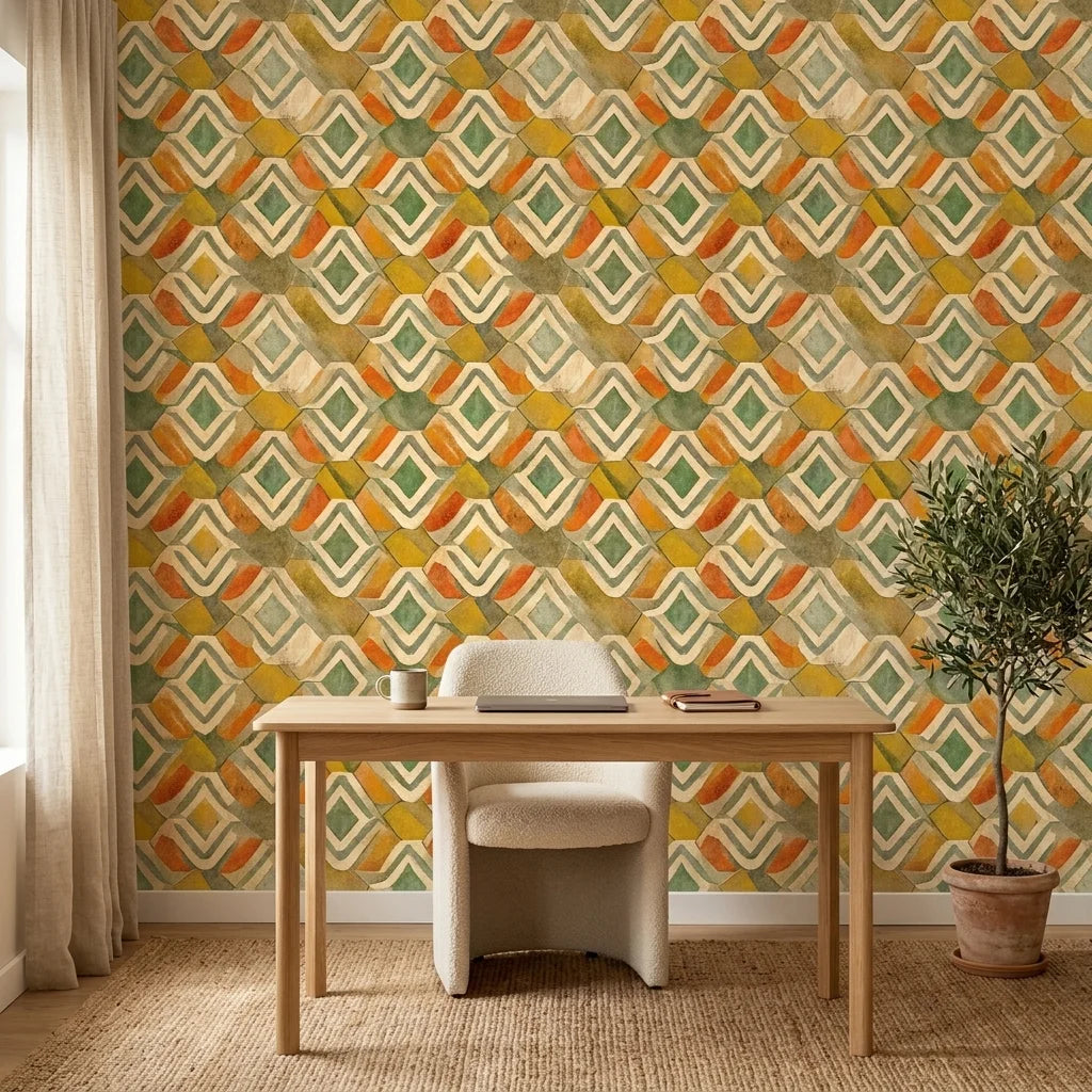 Painted Earth warm terracotta and green tribal wallpaper adding character to a cozy bedroom