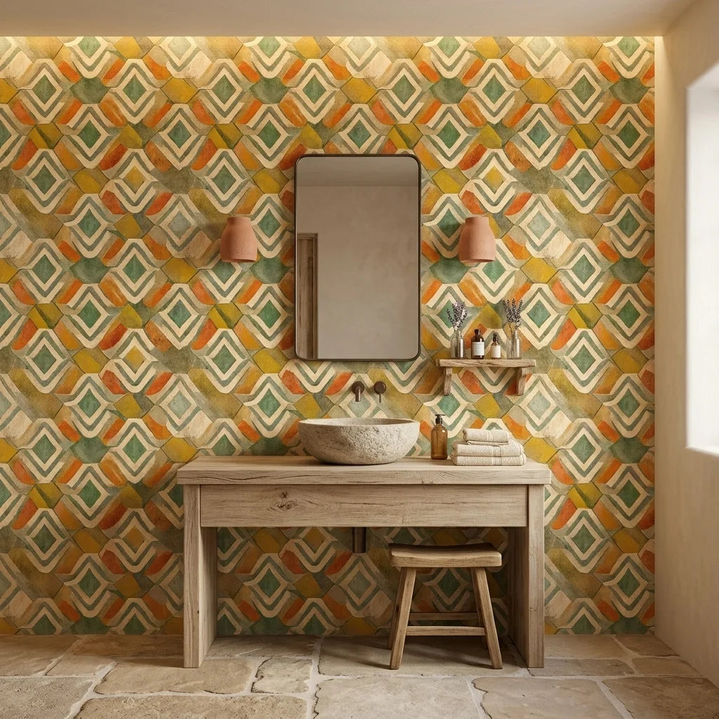 Painted Earth warm terracotta and green tribal wallpaper as a feature wall in a bright home office