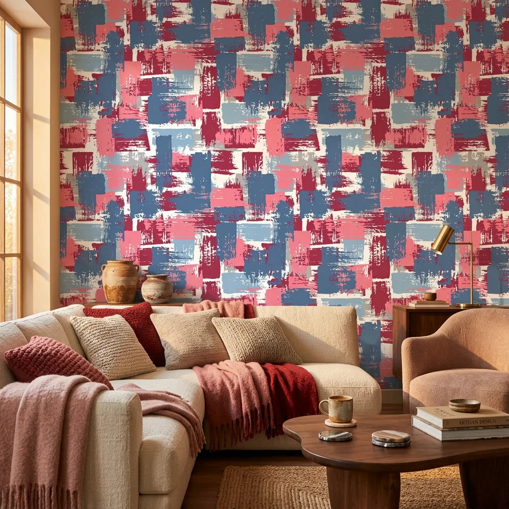 Painted Horizon abstract blue and pink wallpaper in a warm and inviting living room