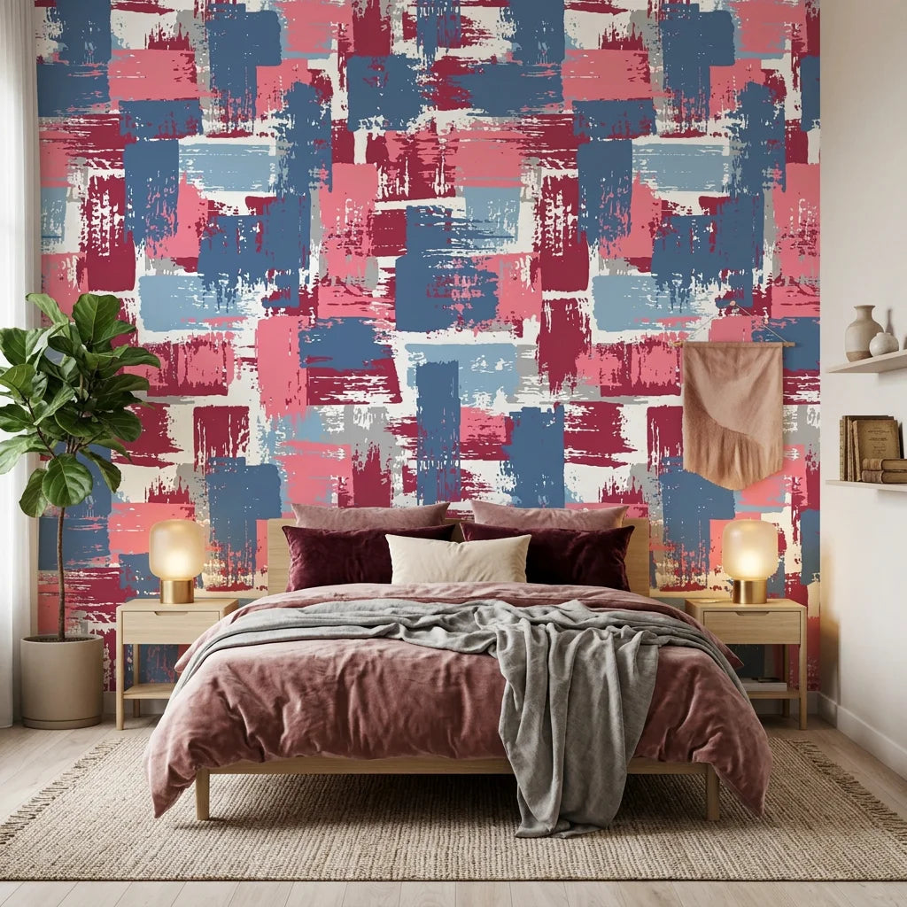 Painted Horizon abstract blue and pink wallpaper adding character to a cozy bedroom