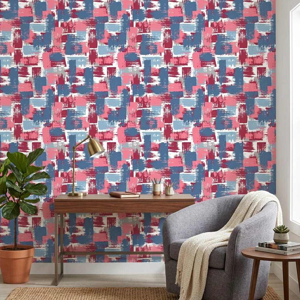 Painted Horizon abstract blue and pink wallpaper as a feature wall in a bright home office