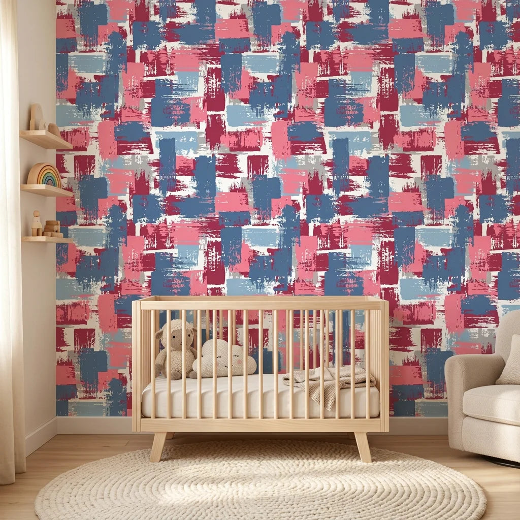 Painted Horizon abstract blue and pink wallpaper creating ambiance in a serene bathroom
