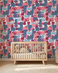 Painted Horizon abstract blue and pink wallpaper creating ambiance in a serene bathroom