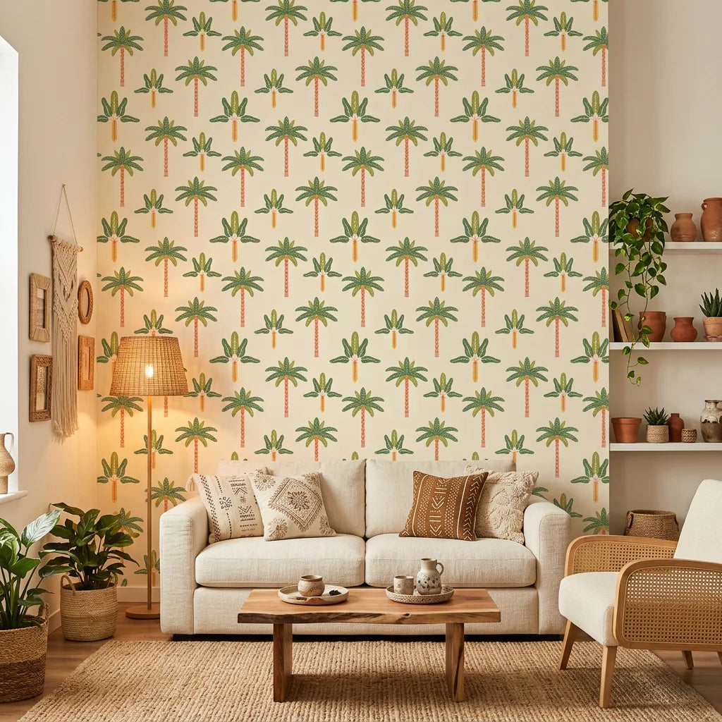 Painted Palms vibrant tropical palm in a warm and inviting living room