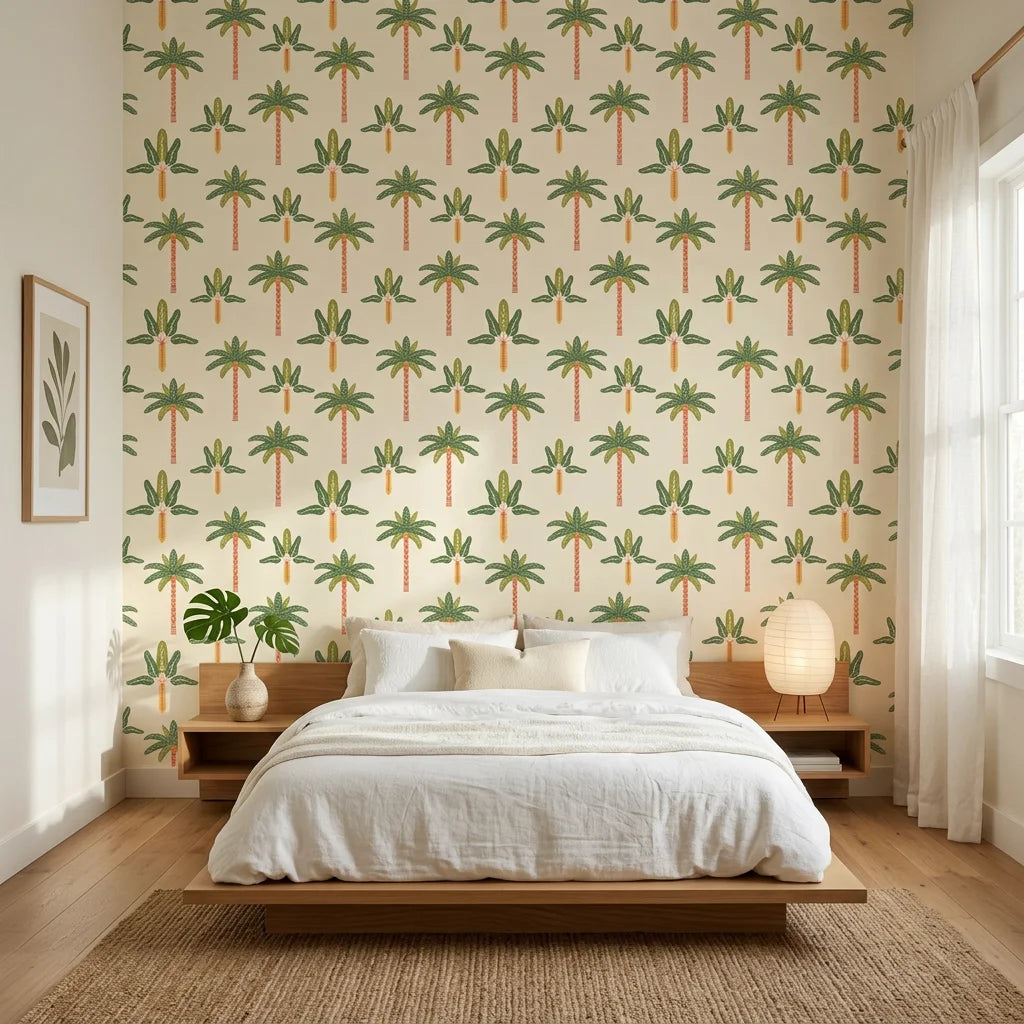 Painted Palms vibrant tropical palm adding character to a cozy bedroom