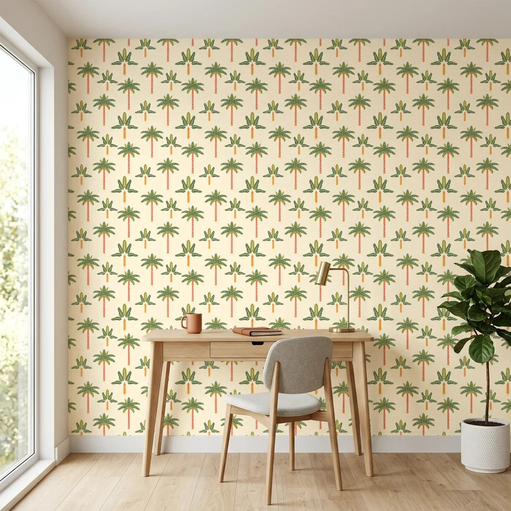 Painted Palms vibrant tropical palm as a feature wall in a bright home office