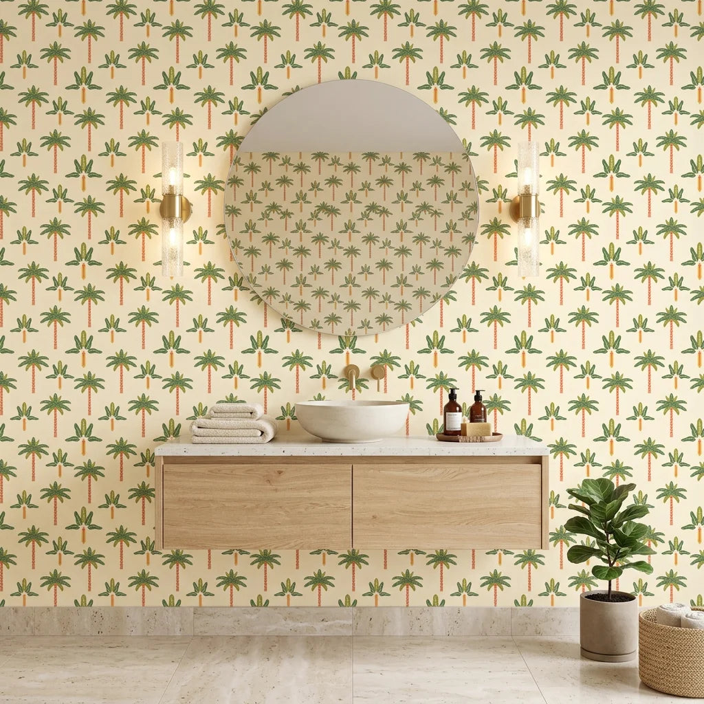 Painted Palms vibrant tropical palm creating ambiance in a serene bathroom