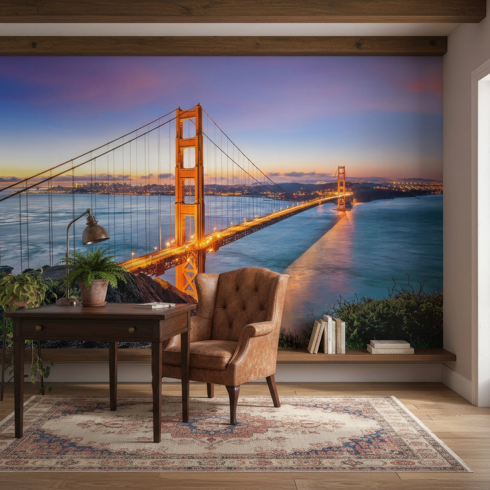 Golden Gate Bridge at sunset removable wallpaper mural in modern living room with rustic beams