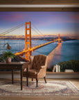 Golden Gate Bridge at sunset removable wallpaper mural in modern living room with rustic beams
