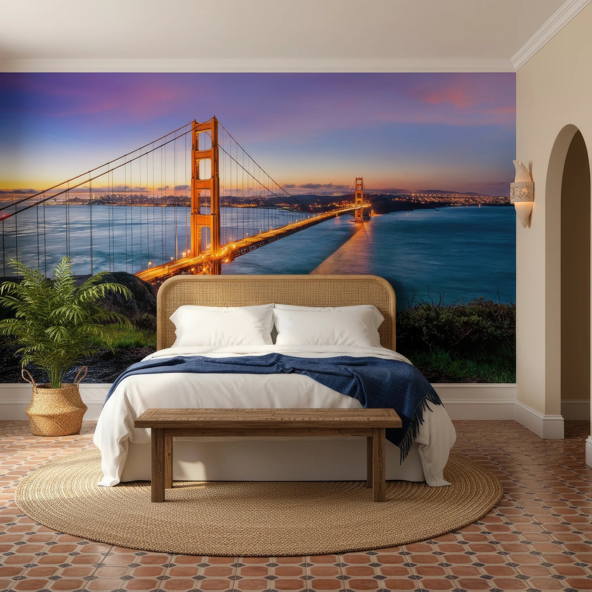 Golden Gate Bridge at sunset mural wallpaper with orange bridge spanning blue bay waters in bedroom setting