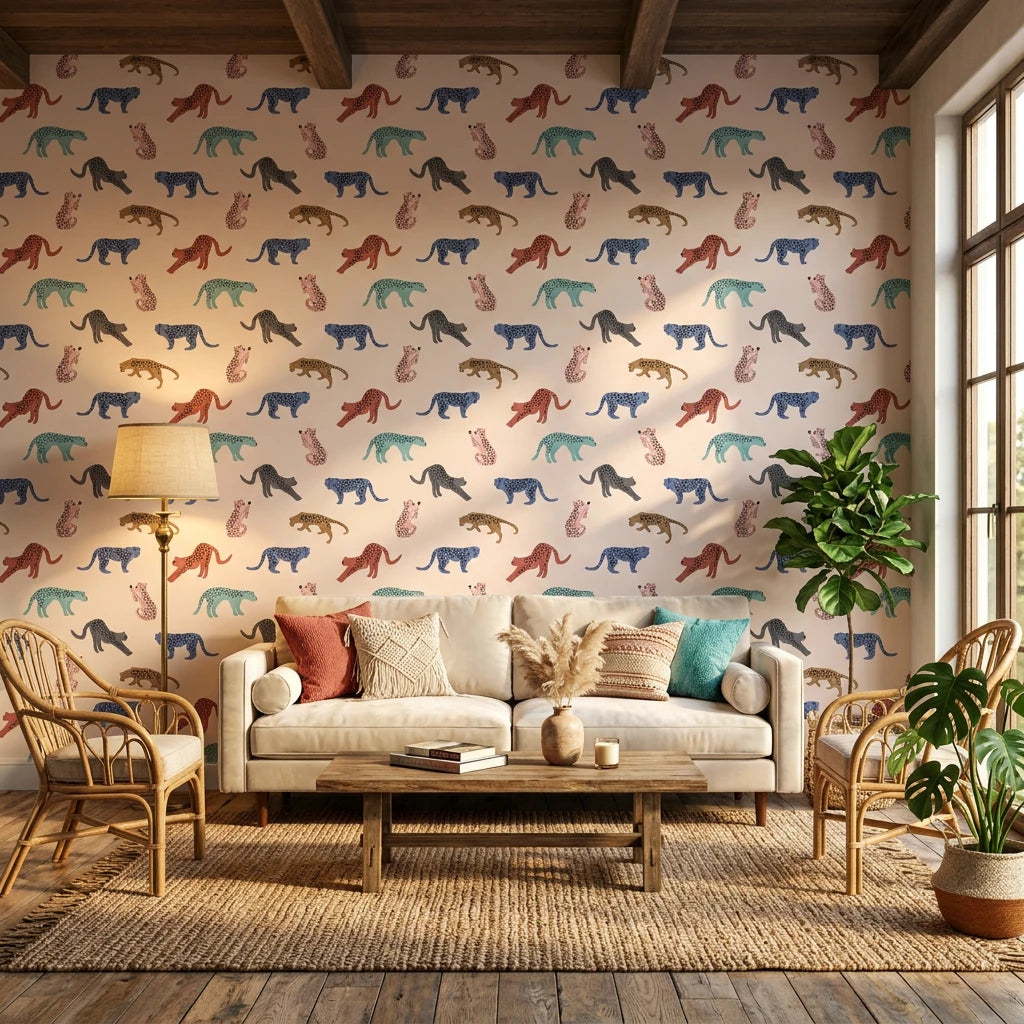 Painted Wild bold colorful leopard wallpaper in a warm and inviting living room