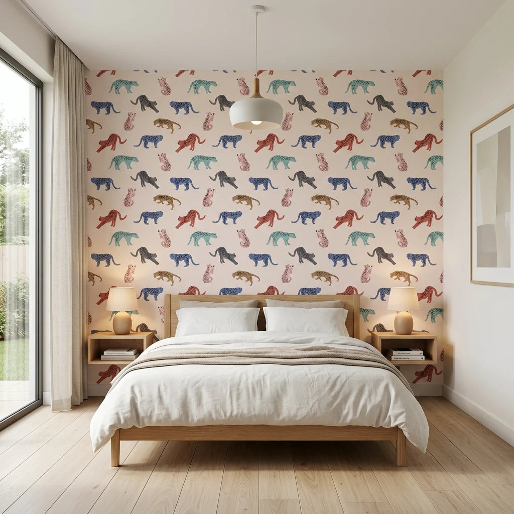 Painted Wild bold colorful leopard wallpaper adding character to a cozy bedroom