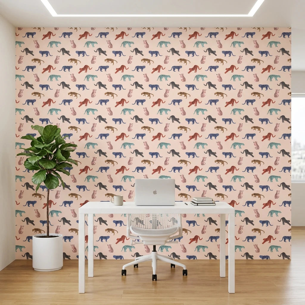 Painted Wild bold colorful leopard wallpaper as a feature wall in a bright home office