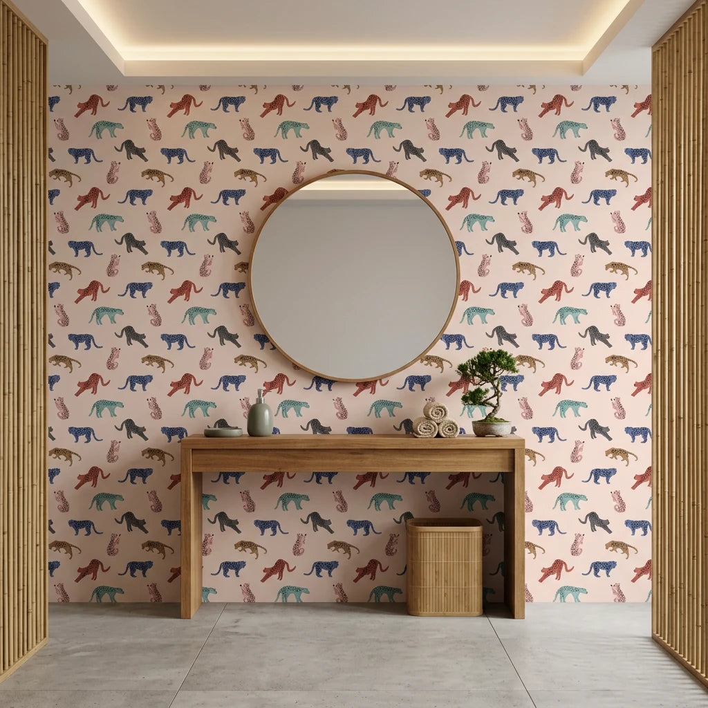 Painted Wild bold colorful leopard wallpaper creating ambiance in a serene bathroom