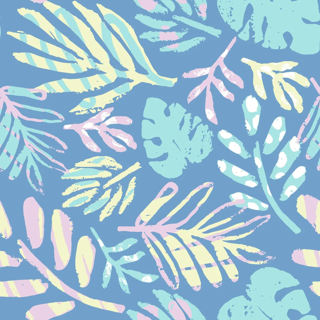 Matte blue pastel tropical leaf imprint peel and stick wallpaper -Painted Breeze