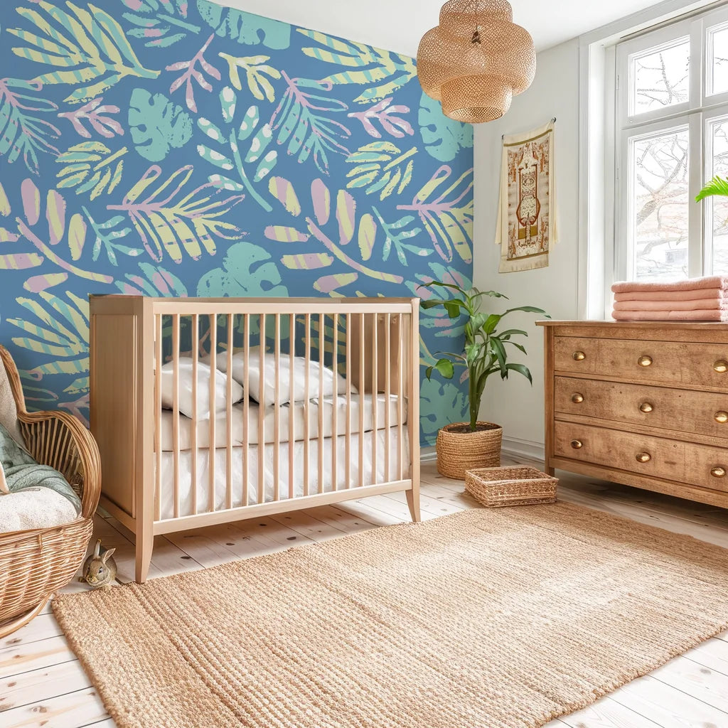 Self-adhesive matte blue wall mural with a subtle tropical plant imprint design - Painted Breeze