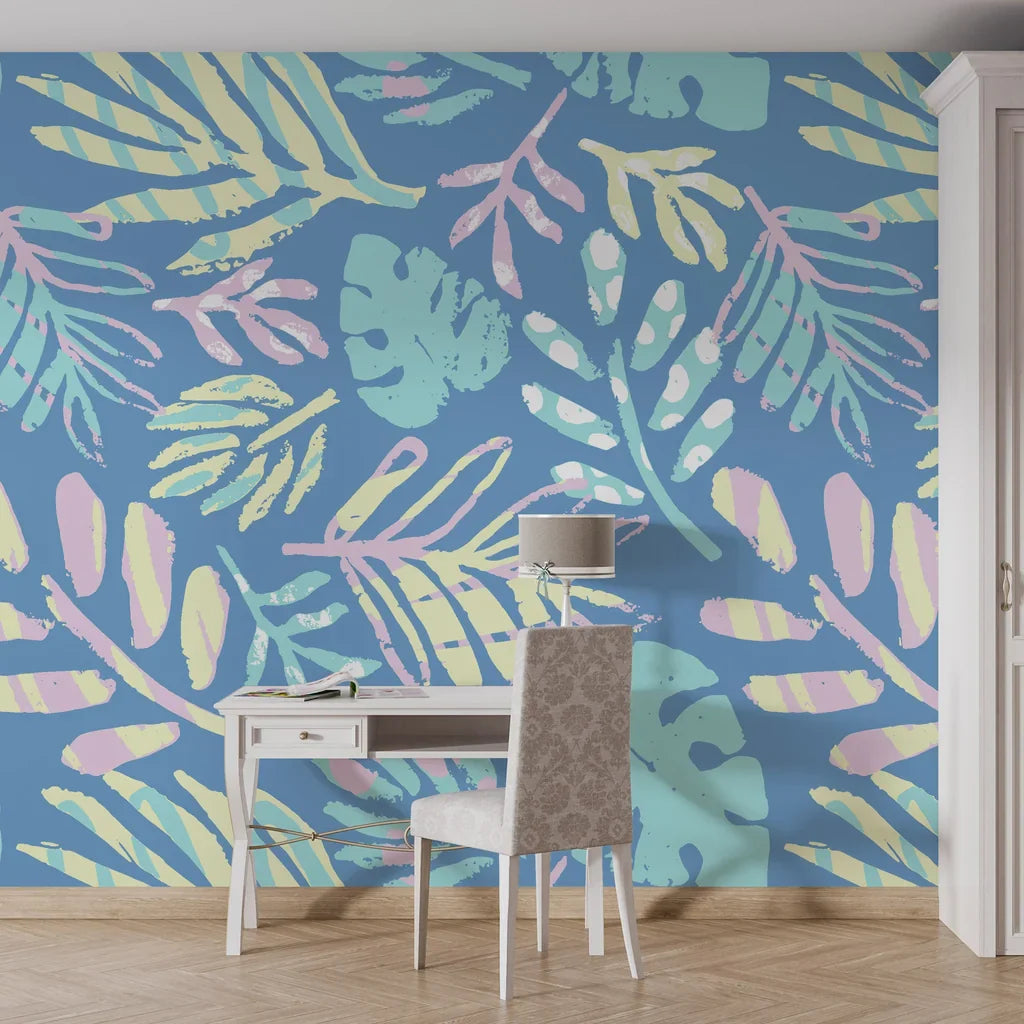 Soft pastel blue matte-finish peel and stick wallpaper with tropical foliage impressions - Painted Breeze