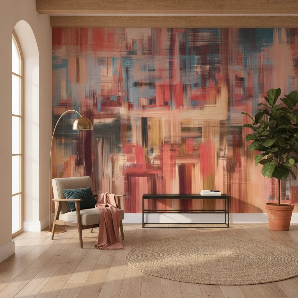 Painted Column bold blue and coral abstract in a warm and inviting living room
