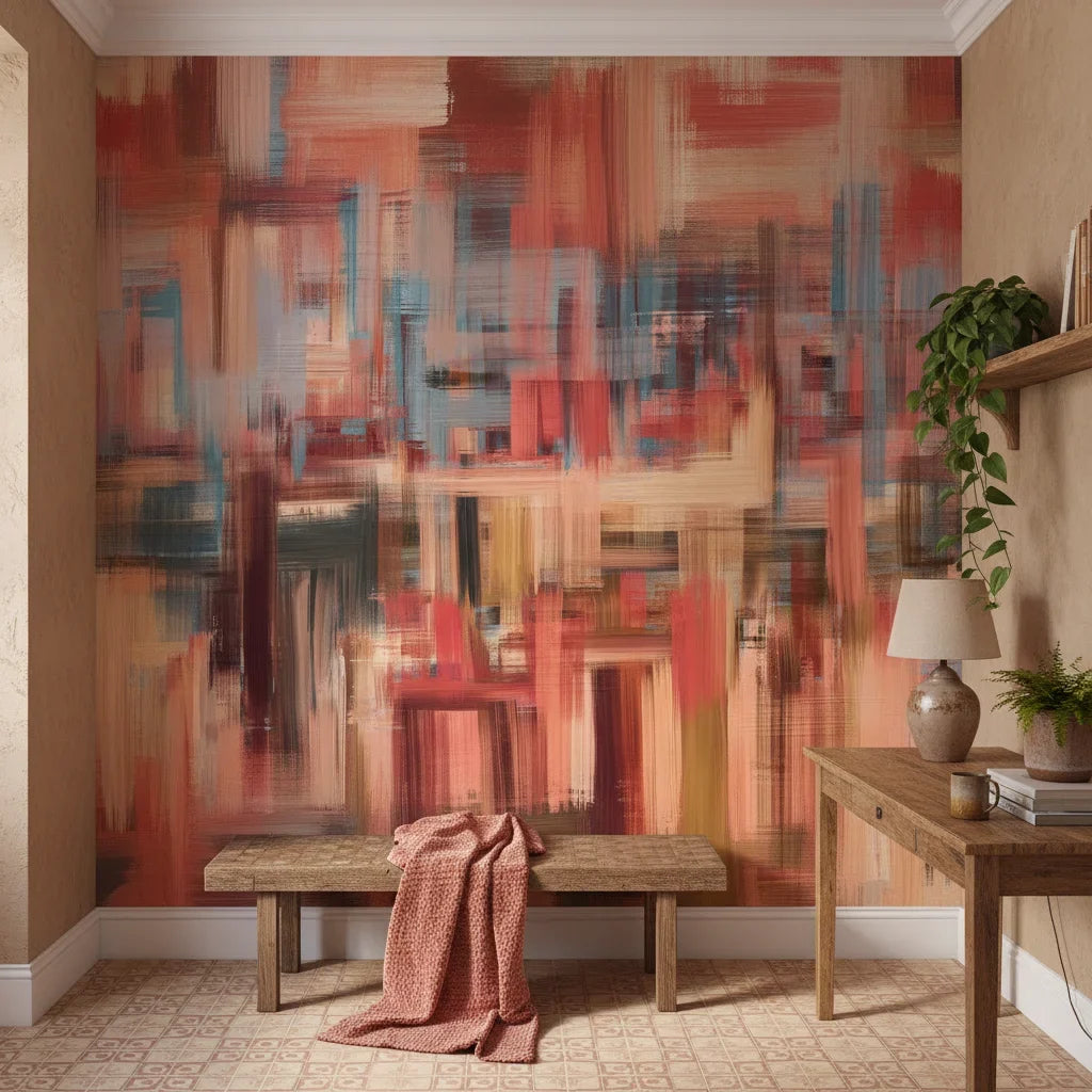 Painted Column bold blue and coral abstract as a feature wall in a bright home office