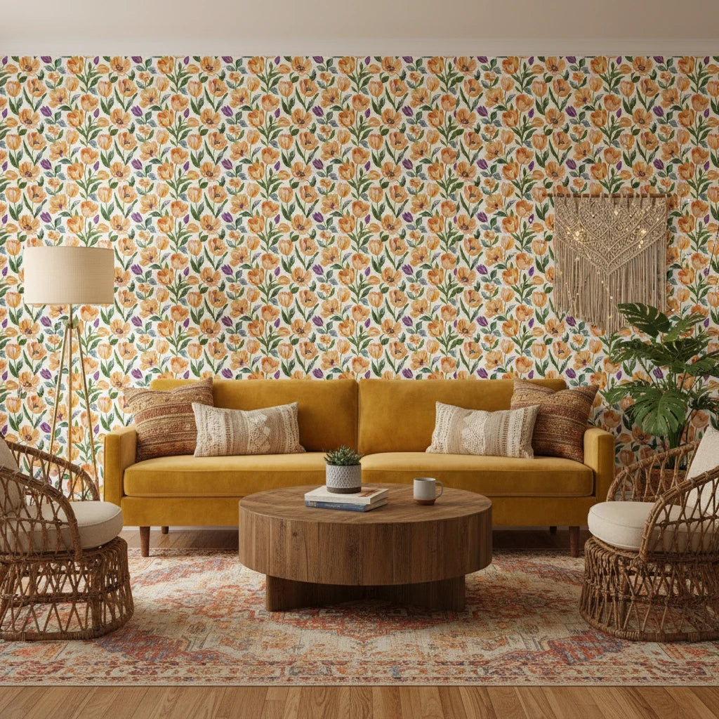 Painted Tulip Field vibrant watercolor tulip wallpaper in a warm and inviting living room
