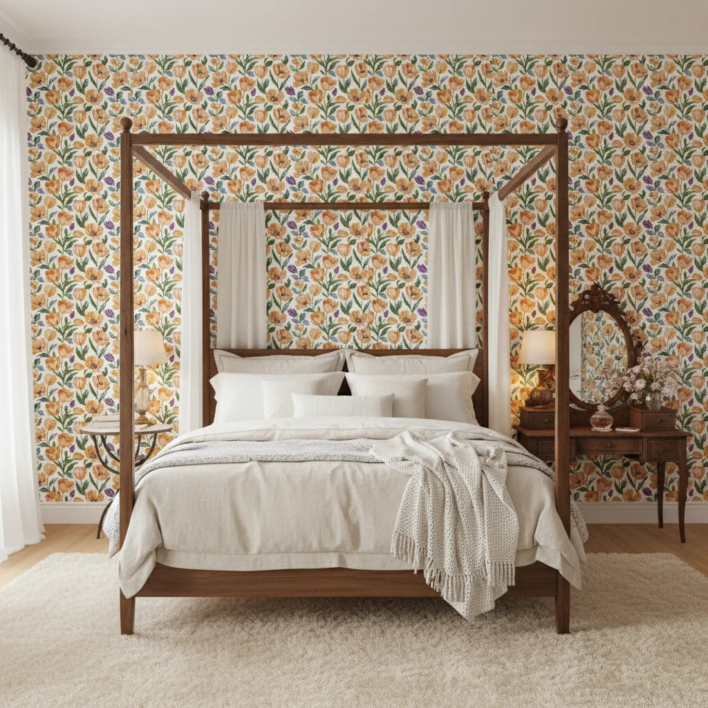 Painted Tulip Field vibrant watercolor tulip wallpaper adding character to a cozy bedroom