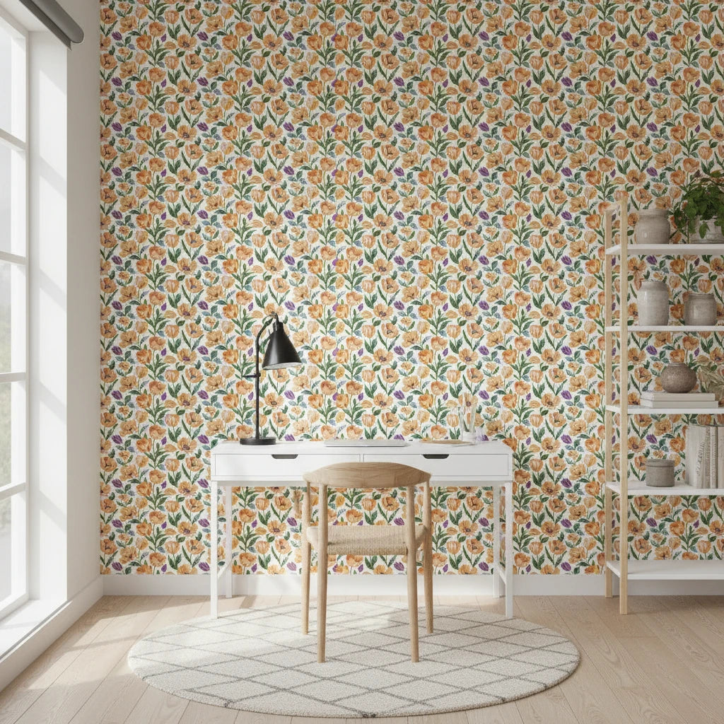 Painted Tulip Field vibrant watercolor tulip wallpaper as a feature wall in a bright home office