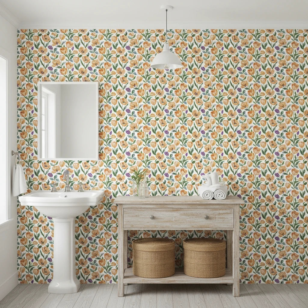 Painted Tulip Field vibrant watercolor tulip wallpaper creating ambiance in a serene bathroom