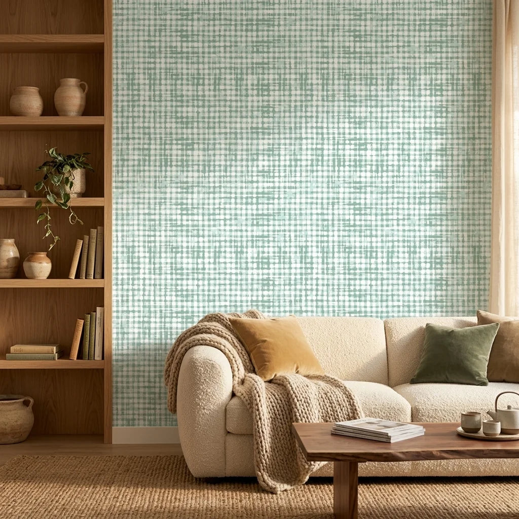 Pale Dawn serene green plaid wallpaper in a warm and inviting living room