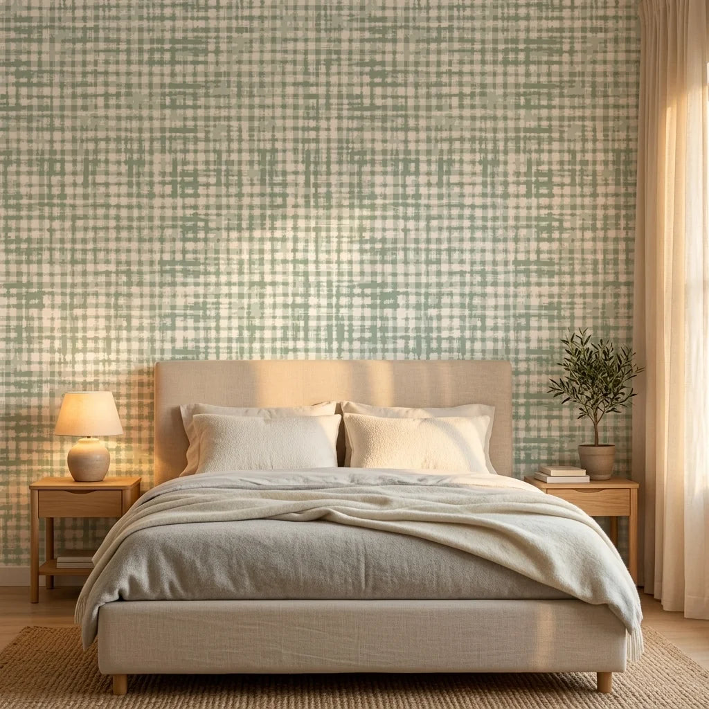 Pale Dawn serene green plaid wallpaper adding character to a cozy bedroom