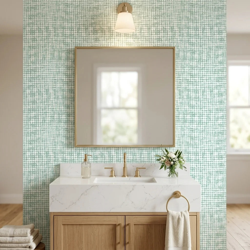 Pale Dawn serene green plaid wallpaper creating ambiance in a serene bathroom