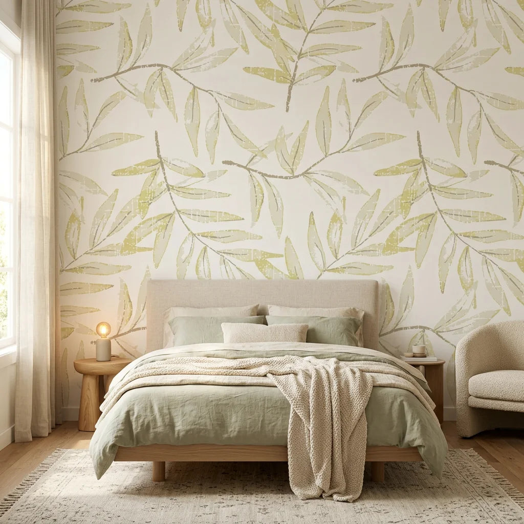 Pale Foliage neutral botanical peel and stick wallpaper in a warm and inviting living room