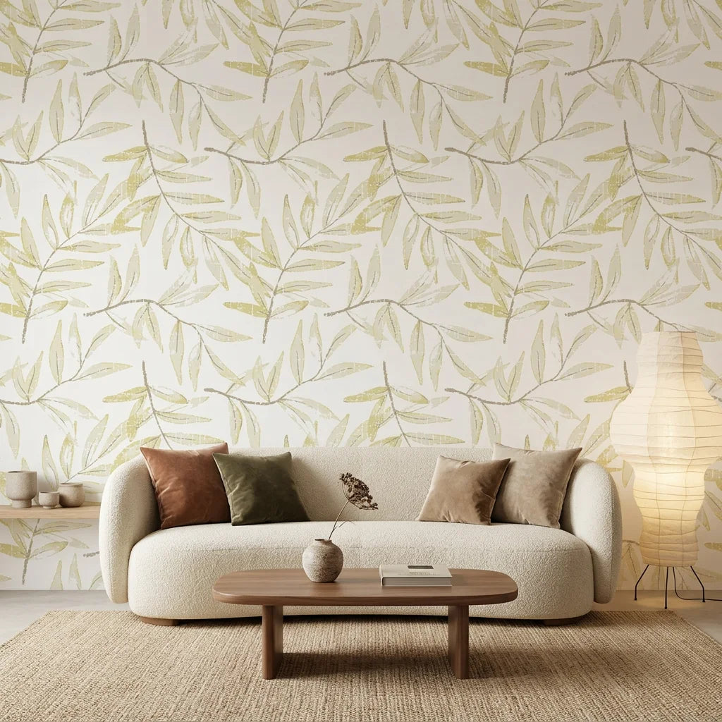 Pale Foliage neutral botanical peel and stick wallpaper adding character to a cozy bedroom