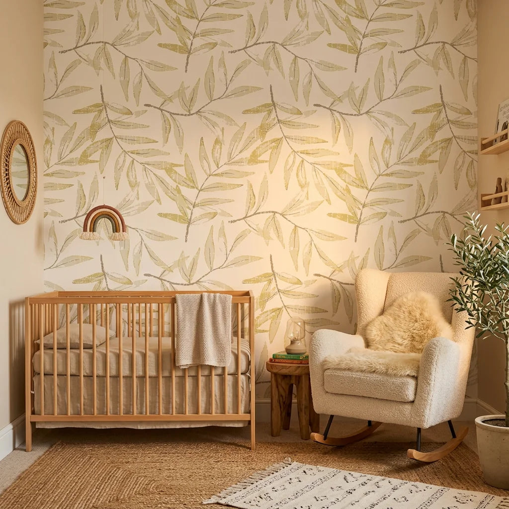 Pale Foliage neutral botanical peel and stick wallpaper as a feature wall in a bright home office