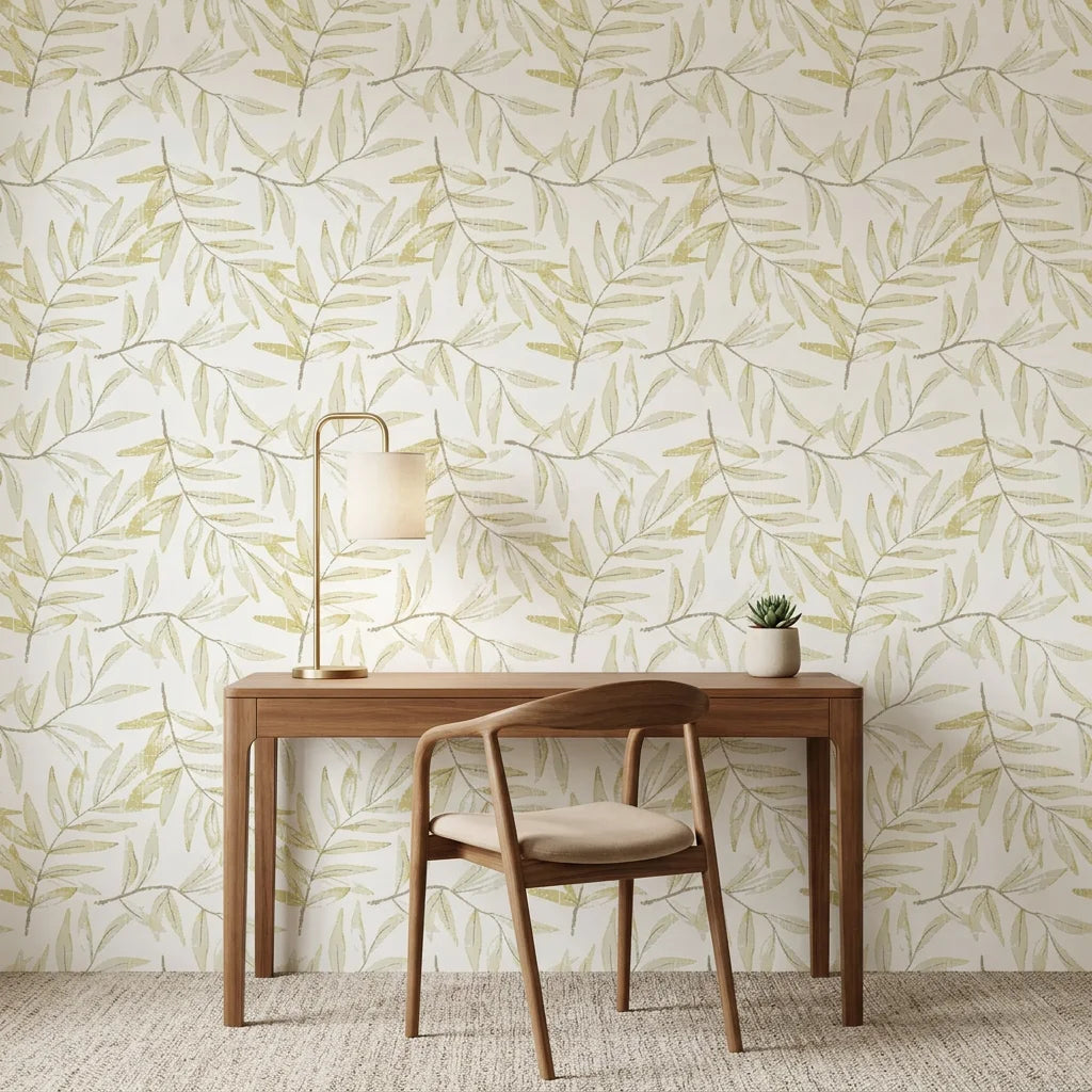 Pale Foliage neutral botanical peel and stick wallpaper creating ambiance in a serene bathroom