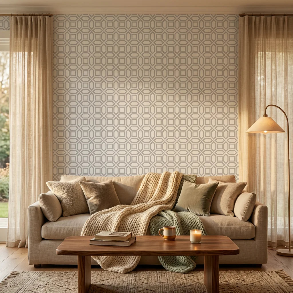 Pale Geo quiet geometric balance wallpaper in a warm and inviting living room