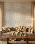 Pale Geo quiet geometric balance wallpaper in a warm and inviting living room