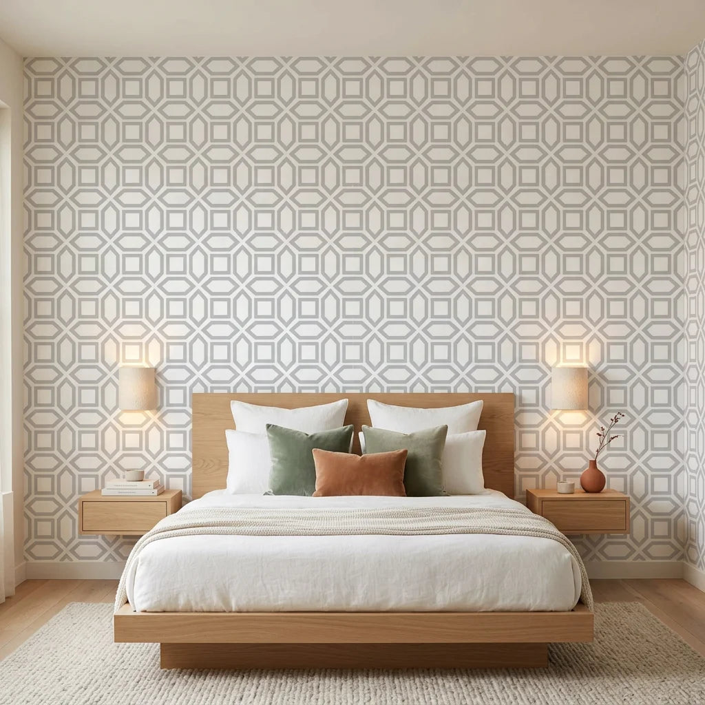 Pale Geo quiet geometric balance wallpaper adding character to a cozy bedroom