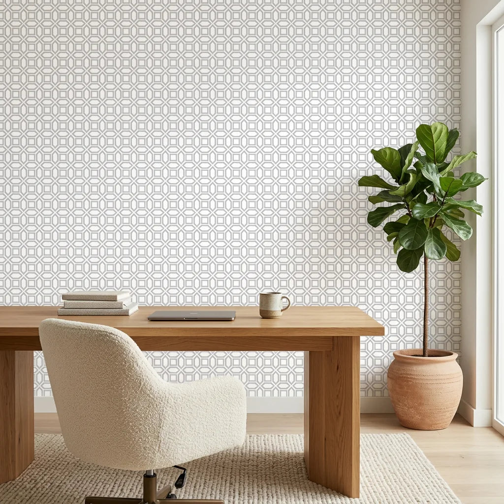 Pale Geo quiet geometric balance wallpaper as a feature wall in a bright home office