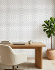 Pale Geo quiet geometric balance wallpaper as a feature wall in a bright home office