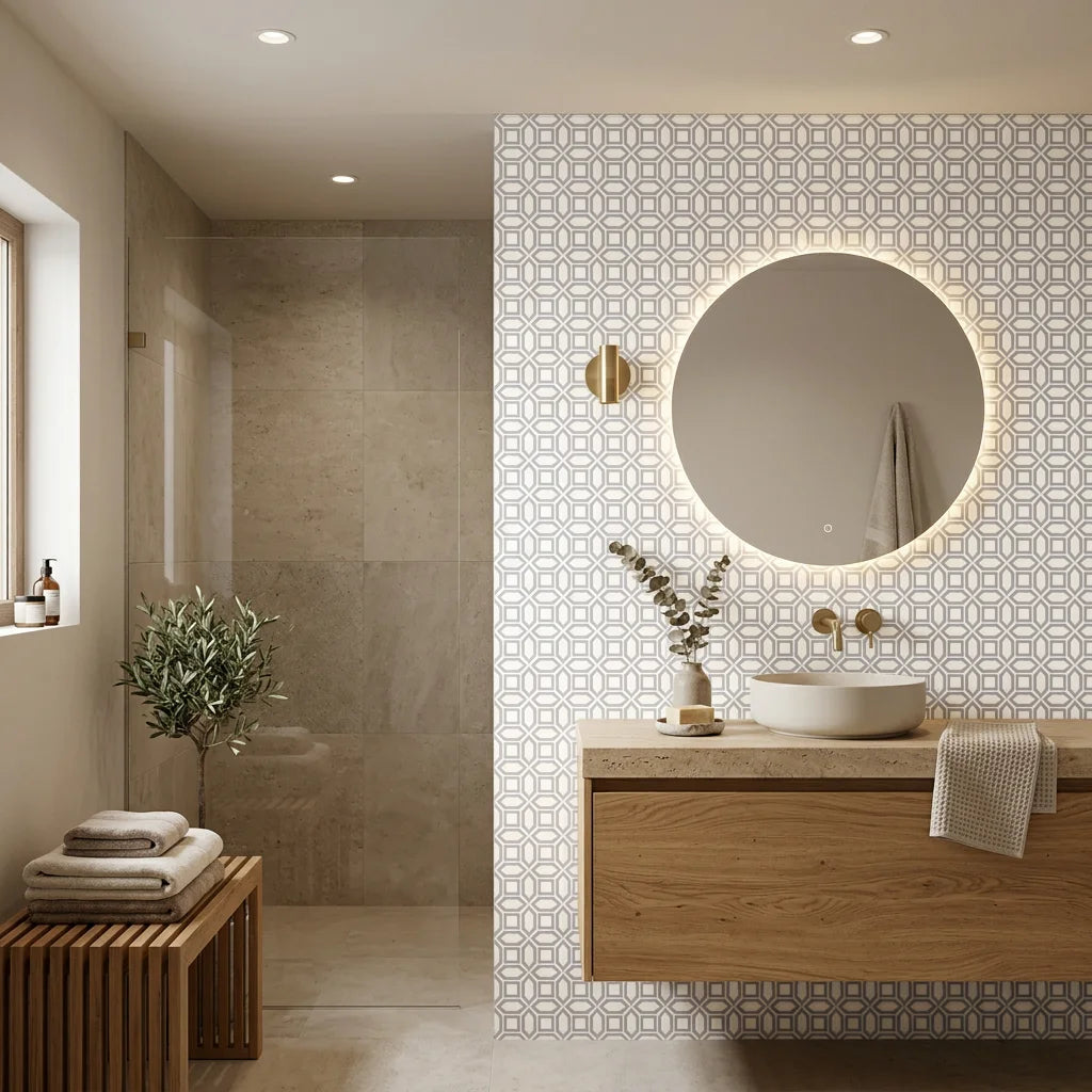 Pale Geo quiet geometric balance wallpaper creating ambiance in a serene bathroom