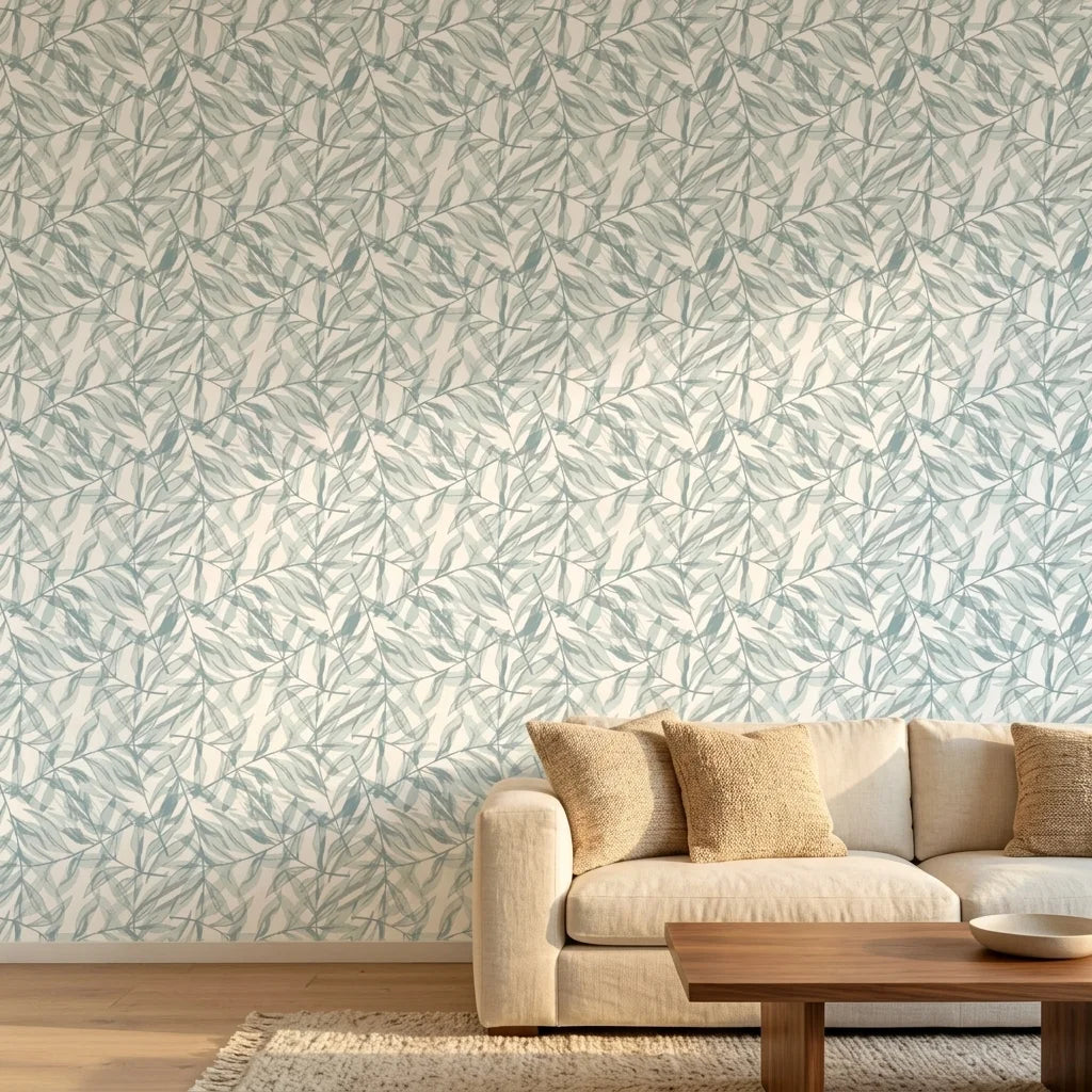 Pale Grove serene blue botanical wallpaper in a warm and inviting living room